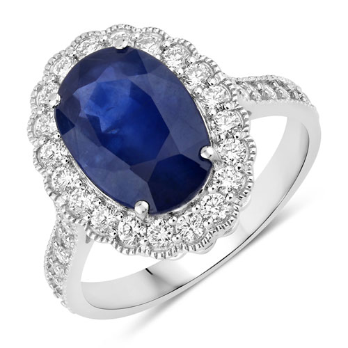 Sapphire-5.05 Carat Genuine Ceylon Blue Sapphire and White Diamond 18K White Gold Ring