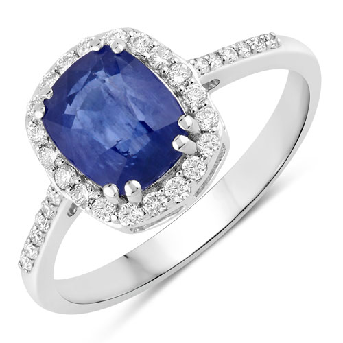 Sapphire-2.37 Carat Genuine Ceylon Blue Sapphire and White Diamond 18K White Gold Ring