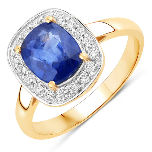 Sapphire-2.40 Carat Genuine Ceylon Blue Sapphire and White Diamond 18K Yellow Gold Ring