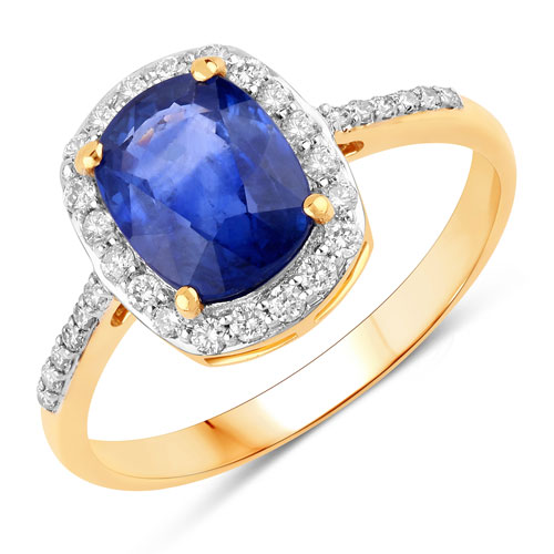 Sapphire-2.37 Carat Genuine Ceylon Blue Sapphire and White Diamond 18K Yellow Gold Ring