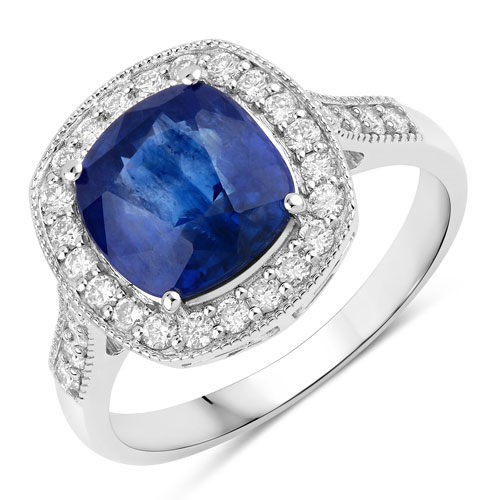 Sapphire-4.04 Carat Genuine Ceylon Blue Sapphire and White Diamond 18K White Gold Ring