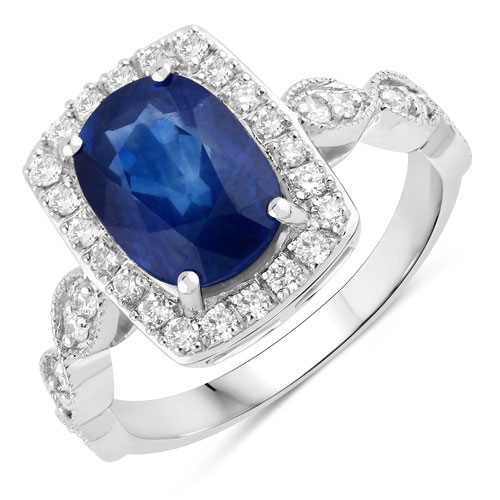 Sapphire-3.94 Carat Genuine Ceylon Blue Sapphire and White Diamond 18K White Gold Ring
