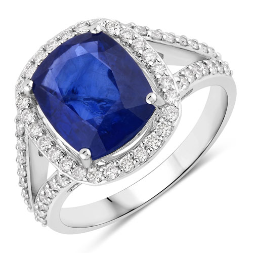 Sapphire-4.57 Carat Genuine Ceylon Blue Sapphire and White Diamond 18K White Gold Ring