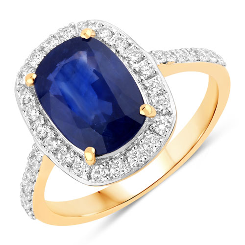 Sapphire-3.42 Carat Genuine Ceylon Blue Sapphire and White Diamond 18K Yellow Gold Ring