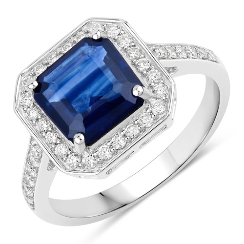 Sapphire-3.00 Carat Genuine Ceylon Blue Sapphire and White Diamond 18K White Gold Ring