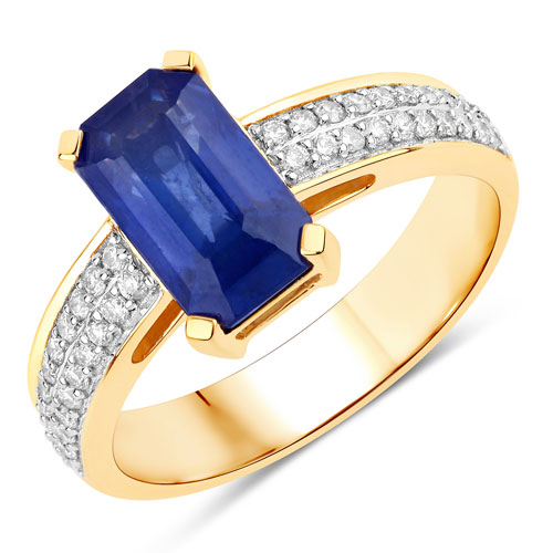 Sapphire-3.14 Carat Genuine Ceylon Blue Sapphire and White Diamond 18K Yellow Gold Ring