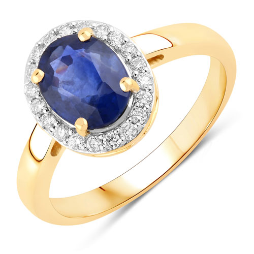 Sapphire-2.10 Carat Genuine Ceylon Blue Sapphire and White Diamond 18K Yellow Gold Ring