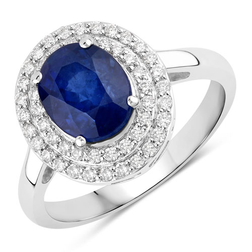 Sapphire-3.45 Carat Genuine Ceylon Blue Sapphire and White Diamond 18K White Gold Ring