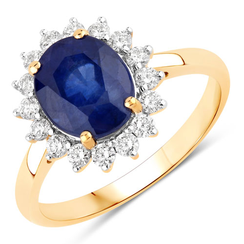 Sapphire-3.53 Carat Genuine Ceylon Blue Sapphire and White Diamond 18K Yellow Gold Ring