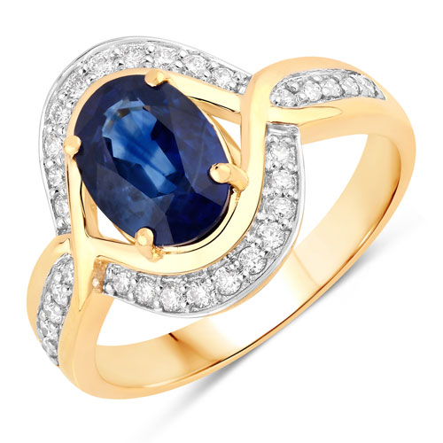 Sapphire-2.37 Carat Genuine Ceylon Blue Sapphire and White Diamond 18K Yellow Gold Ring