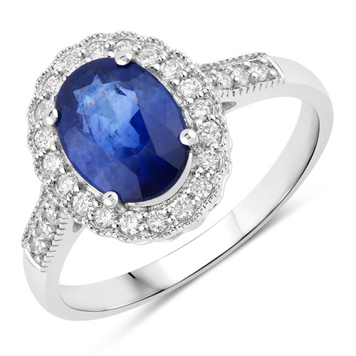 Sapphire-2.54 Carat Genuine Ceylon Blue Sapphire and White Diamond 18K White Gold Ring