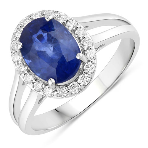 Sapphire-3.14 Carat Genuine Ceylon Blue Sapphire and White Diamond 18K White Gold Ring
