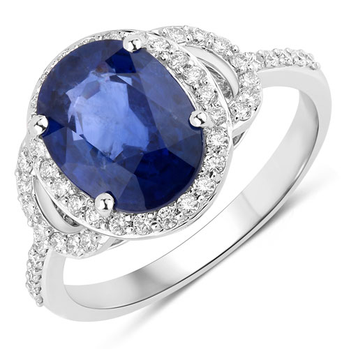 Sapphire-3.00 Carat Genuine Ceylon Blue Sapphire and White Diamond 18K White Gold Ring