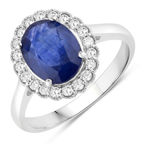 Sapphire-3.02 Carat Genuine Ceylon Blue Sapphire and White Diamond 18K White Gold Ring