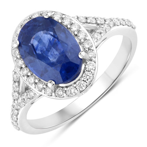 Sapphire-3.51 Carat Genuine Ceylon Blue Sapphire and White Diamond 18K White Gold Ring