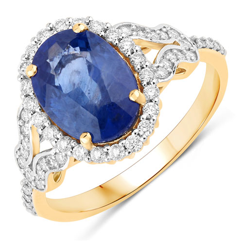 Sapphire-3.52 Carat Genuine Ceylon Blue Sapphire and White Diamond 18K Yellow Gold Ring
