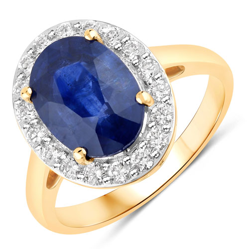 Sapphire-4.50 Carat Genuine Ceylon Blue Sapphire and White Diamond 18K Yellow Gold Ring