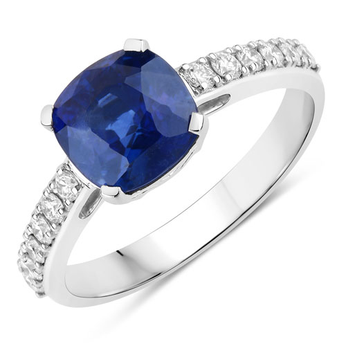 Sapphire-2.85 Carat Genuine Ceylon Blue Sapphire and White Diamond 18K White Gold Ring