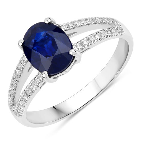 Sapphire-2.04 Carat Genuine Ceylon Blue Sapphire and White Diamond 18K White Gold Ring