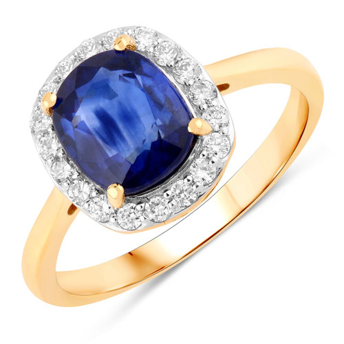 Sapphire-2.51 Carat Genuine Ceylon Blue Sapphire and White Diamond 18K Yellow Gold Ring