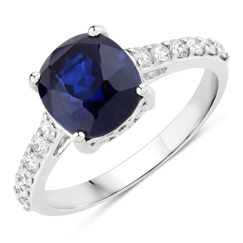 Sapphire-3.85 Carat Genuine Ceylon Blue Sapphire and White Diamond 18K White Gold Ring