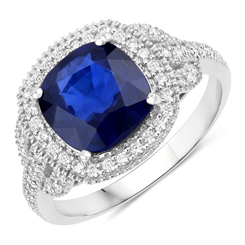 Sapphire-3.63 Carat Genuine Ceylon Blue Sapphire and White Diamond 18K White Gold Ring