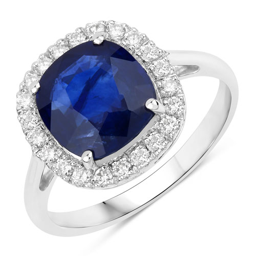 Sapphire-3.47 Carat Genuine Ceylon Blue Sapphire and White Diamond 18K White Gold Ring