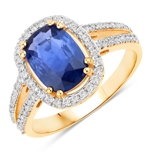 Sapphire-2.81 Carat Genuine Ceylon Blue Sapphire and White Diamond 18K Yellow Gold Ring