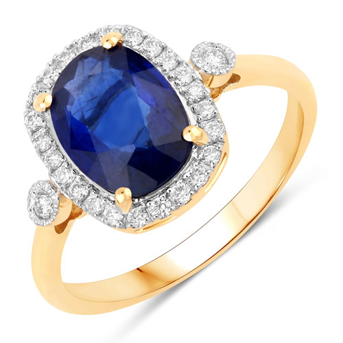 Sapphire-2.70 Carat Genuine Ceylon Blue Sapphire and White Diamond 18K Yellow Gold Ring