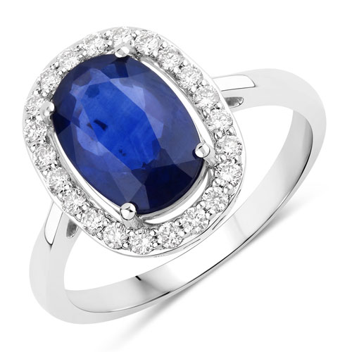 Sapphire-3.21 Carat Genuine Ceylon Blue Sapphire and White Diamond 18K White Gold Ring