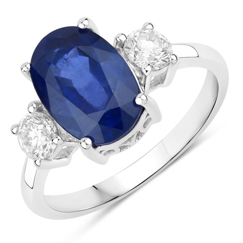 Sapphire-4.35 Carat Genuine Ceylon Blue Sapphire and White Diamond 18K White Gold Ring