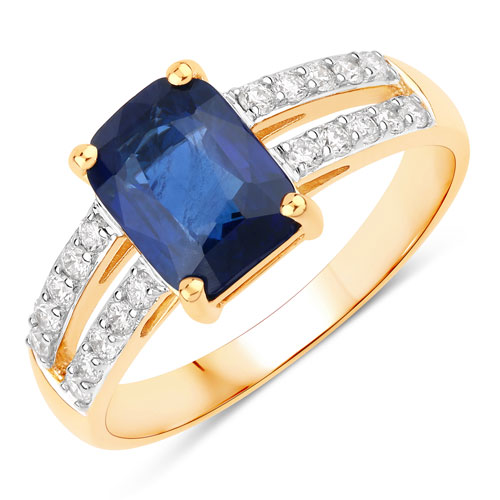 Sapphire-2.41 Carat Genuine Ceylon Blue Sapphire and White Diamond 18K Yellow Gold Ring