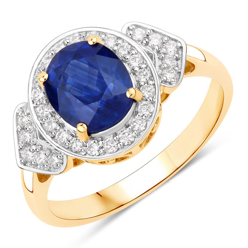 Sapphire-2.62 Carat Genuine Ceylon Blue Sapphire and White Diamond 18K Yellow Gold Ring
