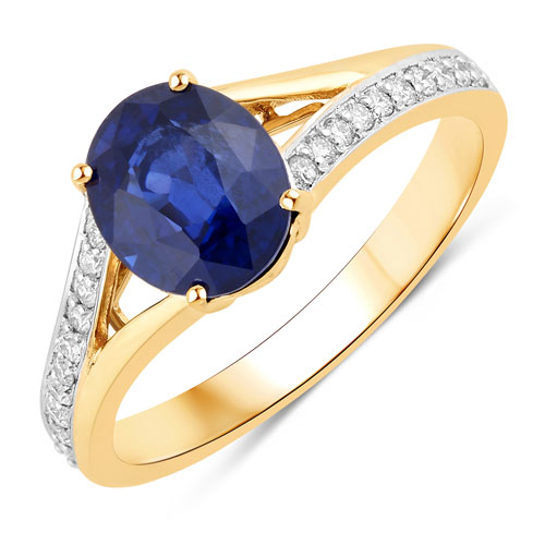 Sapphire-2.44 Carat Genuine Ceylon Blue Sapphire and White Diamond 18K Yellow Gold Ring