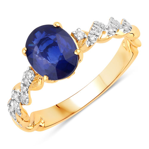 Sapphire-2.14 Carat Genuine Ceylon Blue Sapphire and White Diamond 18K Yellow Gold Ring