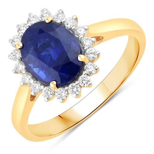 Sapphire-2.85 Carat Genuine Ceylon Blue Sapphire and White Diamond 18K Yellow Gold Ring