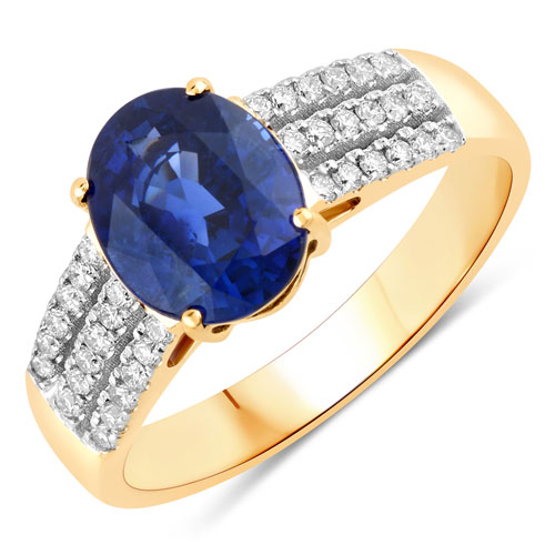 Sapphire-2.61 Carat Genuine Ceylon Blue Sapphire and White Diamond 18K Yellow Gold Ring