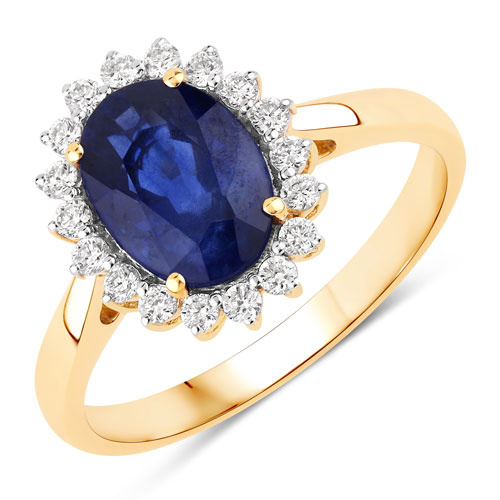 Sapphire-2.61 Carat Genuine Ceylon Blue Sapphire and White Diamond 18K Yellow Gold Ring