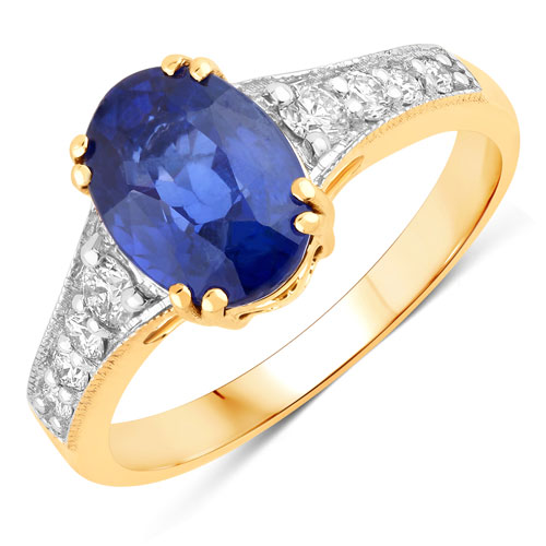 Sapphire-3.07 Carat Genuine Ceylon Blue Sapphire and White Diamond 18K Yellow Gold Ring