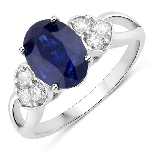 Sapphire-3.33 Carat Genuine Ceylon Blue Sapphire and White Diamond 18K White Gold Ring