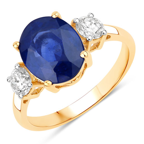 Sapphire-4.14 Carat Genuine Ceylon Blue Sapphire and White Diamond 18K Yellow Gold Ring