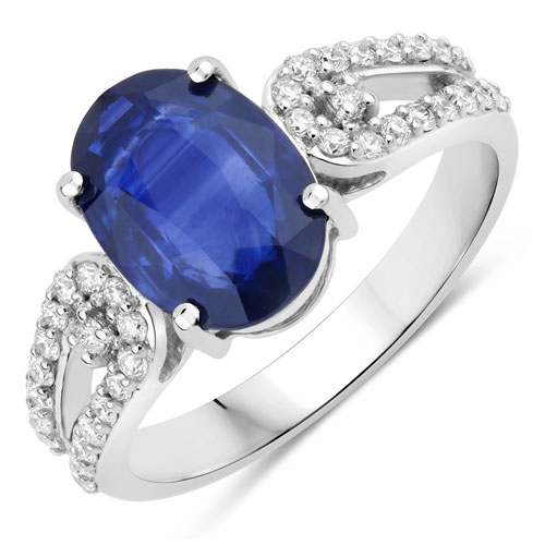Sapphire-3.63 Carat Genuine Ceylon Blue Sapphire and White Diamond 18K White Gold Ring