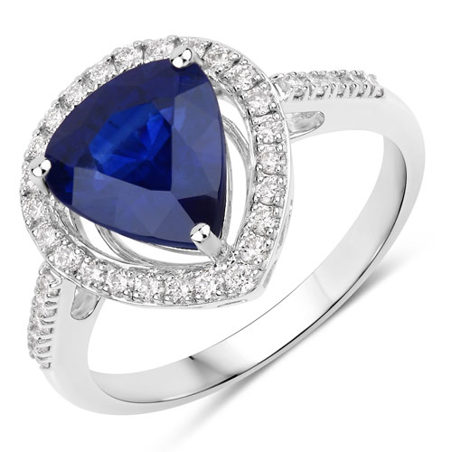 Sapphire-3.47 Carat Genuine Ceylon Blue Sapphire and White Diamond 18K White Gold Ring