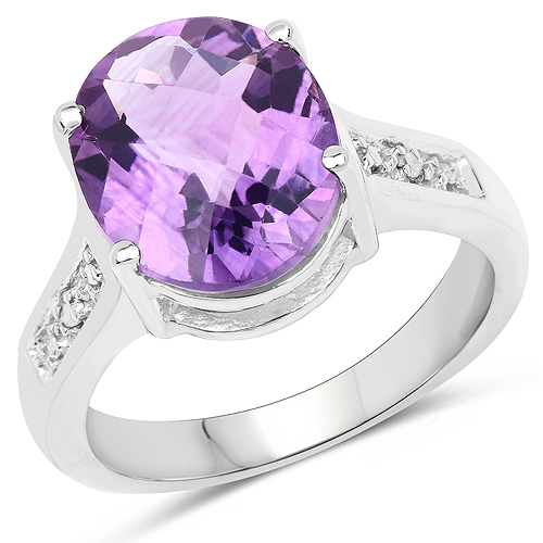 Amethyst-4.26 Carat Genuine Amethyst and White Diamond .925 Sterling Silver Ring