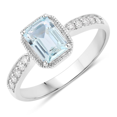 Rings-0.94 Carat Genuine Aquamarine and Lab Grown Diamond .925 Sterling Silver Ring