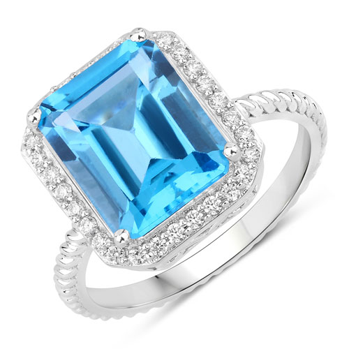 Rings-5.68 Carat Genuine Swiss Blue Topaz and Lab Grown Diamond .925 Sterling Silver Ring