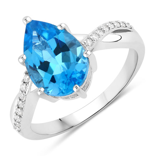 Rings-3.62 Carat Genuine Swiss Blue Topaz and Lab Grown Diamond .925 Sterling Silver Ring