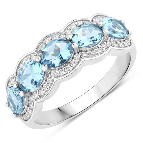 Rings-1.59 Carat Genuine Aquamarine and White Diamond 14K White Gold Ring