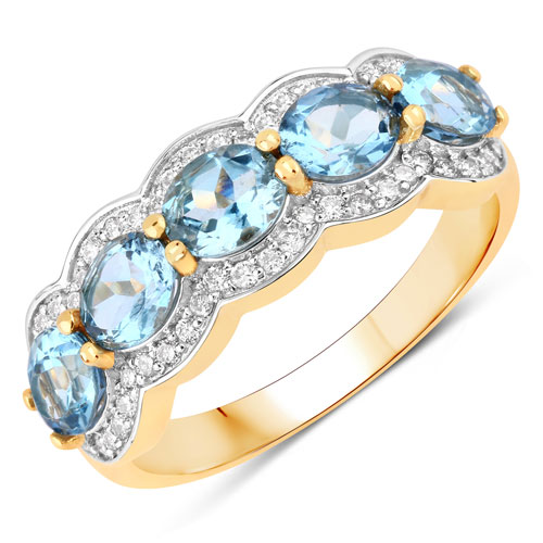 Rings-1.59 Carat Genuine Aquamarine and White Diamond 14K Yellow Gold Ring