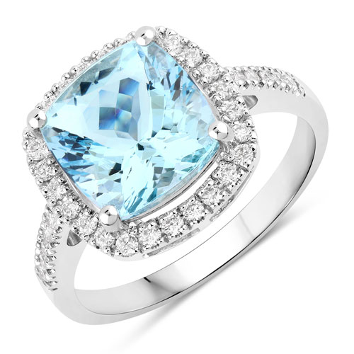 Rings-3.40 Carat Genuine Aquamarine and White Diamond 14K White Gold Ring